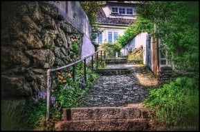 watercolor landscape of garden stairs
