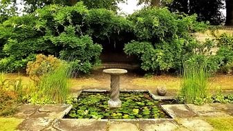 Beautiful birdbath in the garden for relaxing among the colorful plants