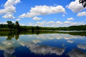 forest reflection in blue lake clouds