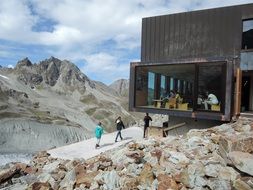 Moiry mountain hut is situated in the valley in Switzerland