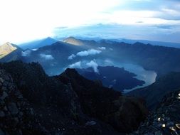 aerial view of dark mountains at evening, indonesia, lombok