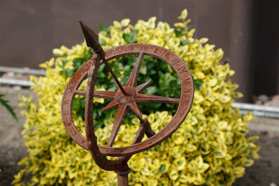 Sundial near the beautiful yellow flowers in the garden