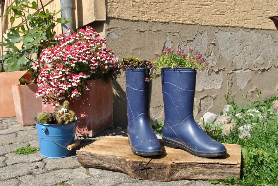flower bed of rubber boots