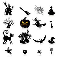 Set of 16 Halloween icons with reflection on white background