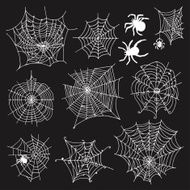 Set of 10 different spiderwebs and spiders on black background