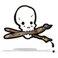 cartoon skull holding paintbrush in mouth