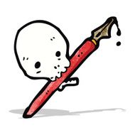 cartoon skull holding ink pen in mouth