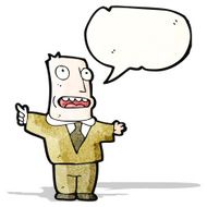 cartoon man in brown suit with speech bubble