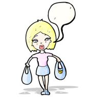 cartoon woman with shopping bags and speech bubble