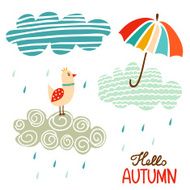 Hand drawn bird with bright umbrella clouds and drops