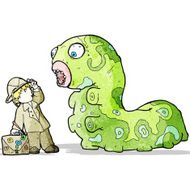 cartoon explorer and giant caterpillar
