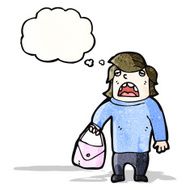 embarrassed man holding bag