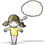 cartoon girl with pigtails and thought bubble