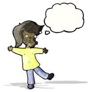 cartoon balancing man with thought bubble