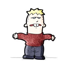 cartoon ugly boy shrugging shoulders