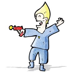 cartoon future man with ray gun