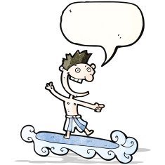 cartoon surfer with speech bubble