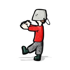cartoon boy with head stuck in bucket