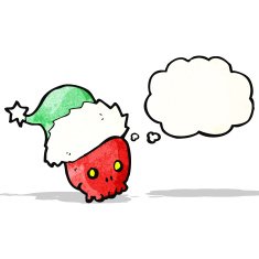 cartoon skull in christmas hat with thought bubble