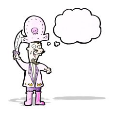 cartoon pink pirate with thought bubble