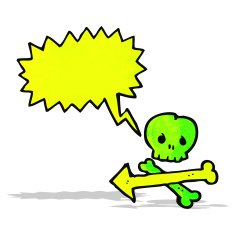 cartoon pointing skull and bones symbol
