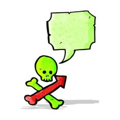 cartoon skull and crossbones with direction arrows