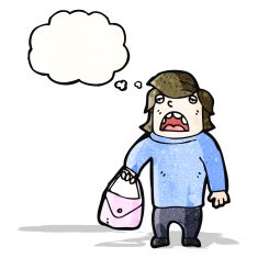 embarrassed man holding bag