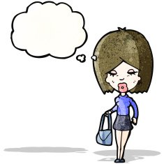 cartoon woman with thought bubble and handbag