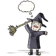 cartoon witch with thought bubble N11