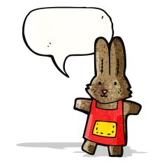 cartoon toy rabbit with speech bubble