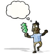 cartoon happy man holding leaf