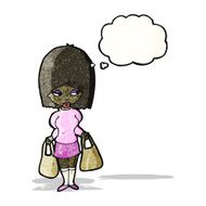 cartoon woman with shopping bags and thought bubble