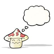 cartoon magic mushroom character with thought bubble