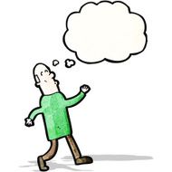 cartoon walking middle aged man with thought bubble