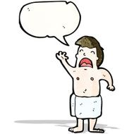 cartoon man in towel with speech bubble