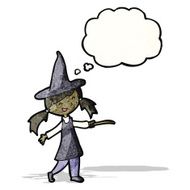 cartoon witch girl with thought bubble