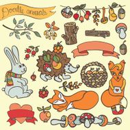 Doodle hedgehog hare fox berries mushrooms wood ribbon N2