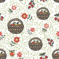 Doodle seamless pattern Basket with apples flowers branches N2