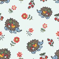 Doodle seamless pattern Hedgehog flowers berries N2