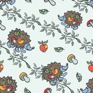 Doodle seamless pattern Hedgehog mushrooms apples branches N2