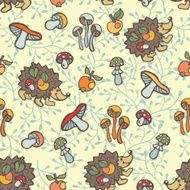 Doodle seamless pattern Hedgehog mushrooms branches N2