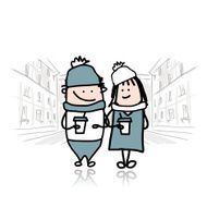 Couple walking in city with coffee cups