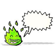 cartoon green fire creature with speech bubble N2