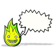 cartoon green fire creature with speech bubble N3