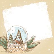 Christmas retro postcard with cute glass ball snowflakes