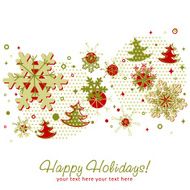 Ornate Christmas card with snowflakes xmas fir trees and stars