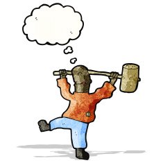 cartoon man swinging big hammer