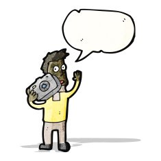 cartoon man with camera and speech bubble
