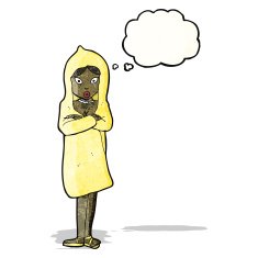 cartoon woman in raincoat