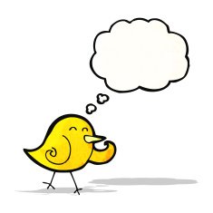 cartoon laughing bird with thought bubble